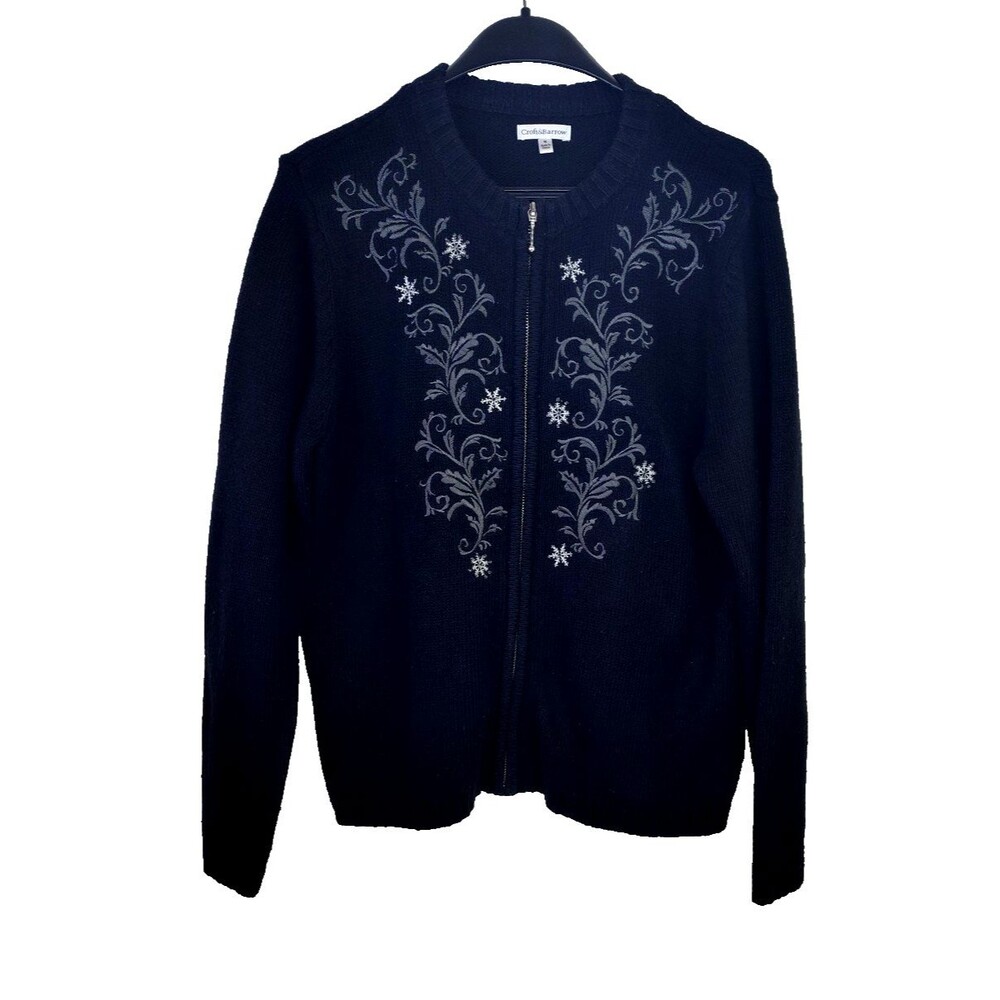 Croft & Barrow Womens Black M Full Zip Sweater Embroidered Cardigan Vintage